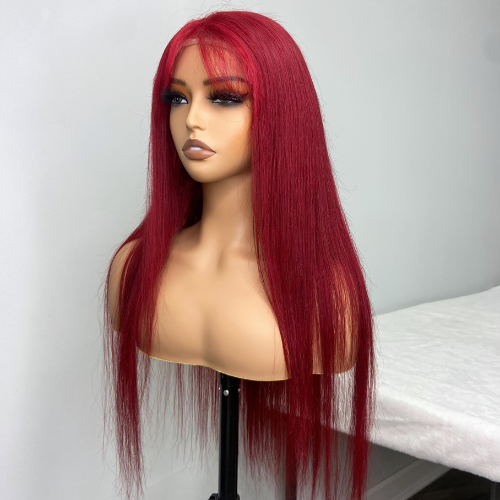 Burgundy Red 13x4 Full Frontal Straight Human Hair Wig 180% Density Pre-Plucked