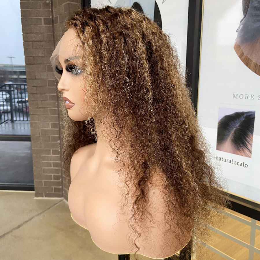We Heart Hair Honey Blonde Highlight Malaysian Curly 13x4 Frontal Human Hair Wig