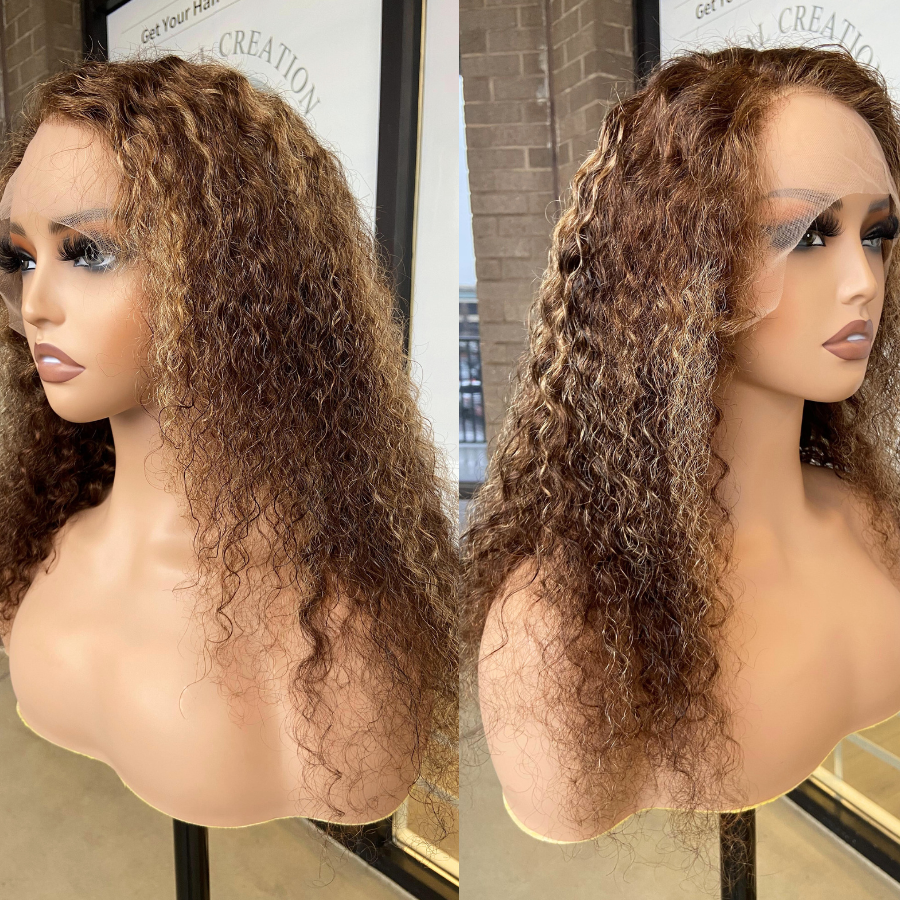 We Heart Hair Honey Blonde Highlight Malaysian Curly 13x4 Frontal Human Hair Wig
