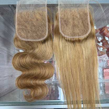Honey Blonde #27 5x5 Ultra Thin Lace Closure Straight Body Wave 100% Virgin Human Hair