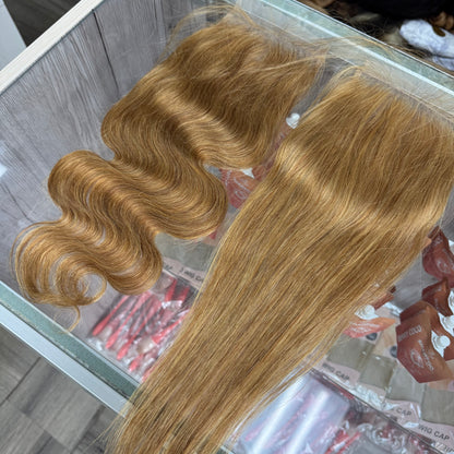 Honey Blonde #27 5x5 Ultra Thin Lace Closure Straight Body Wave 100% Virgin Human Hair
