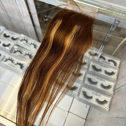 [We Heart Hair] 5x5 Honey Blonde Highlight Swiss Lace Pre Plucked Human Hair Closure 100% Virgin Human Hair with Wavy Texture, Deep Wave or Straight