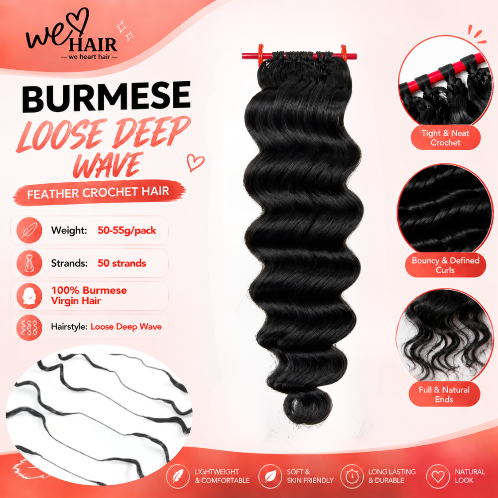 【WE HEART HAIR】100% Human Hair Feather Crochet Hair Burmese Curly Loose Deep Wave Miracle Knots Lightweight Natural Look