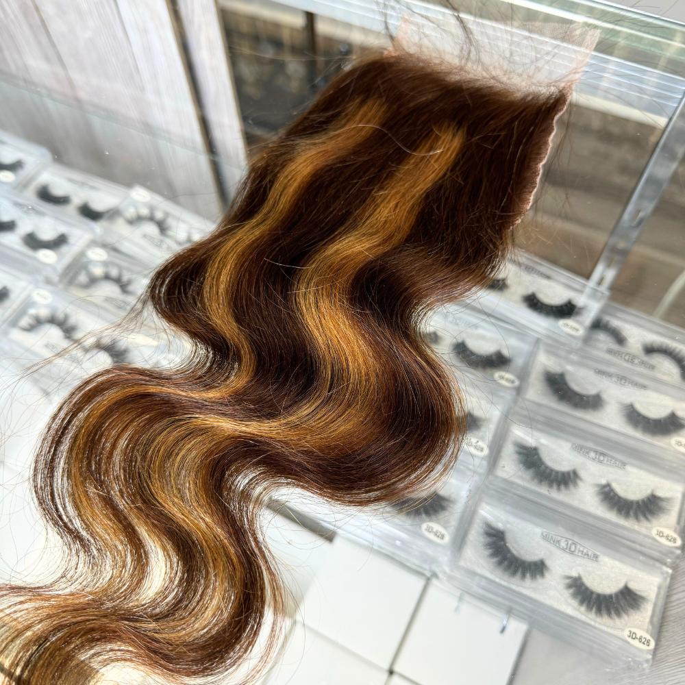 [We Heart Hair] 5x5 Honey Blonde Highlight Swiss Lace Pre Plucked Human Hair Closure 100% Virgin Human Hair with Wavy Texture, Deep Wave or Straight
