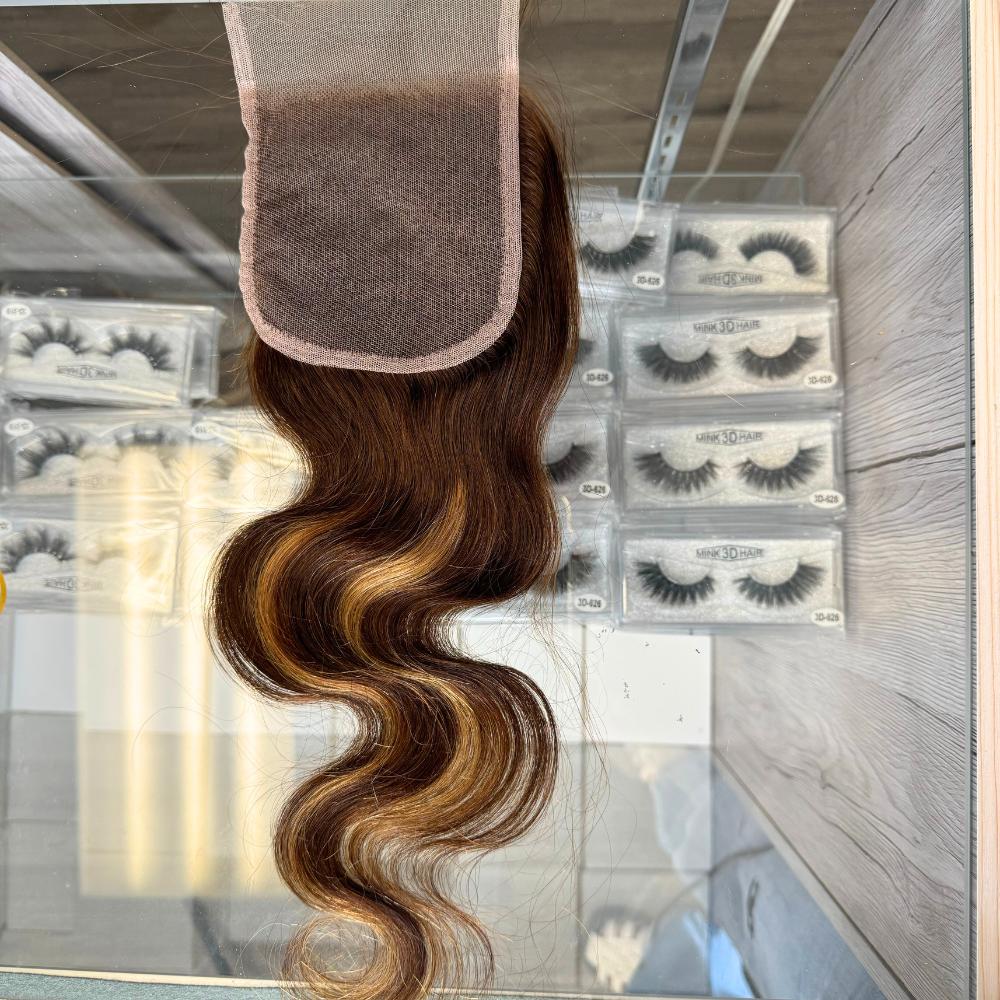 [We Heart Hair] 5x5 Honey Blonde Highlight Swiss Lace Pre Plucked Human Hair Closure 100% Virgin Human Hair with Wavy Texture, Deep Wave or Straight